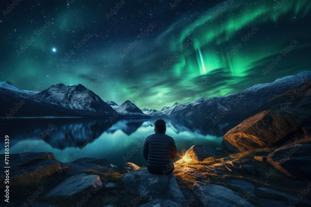 A breathtaking view of a person gazing at the Northern Lights during a solo expedition, portraying the awe-inspiring moments achievable through financial independence. Generative Ai. - obrazy, fototapety, plakaty 