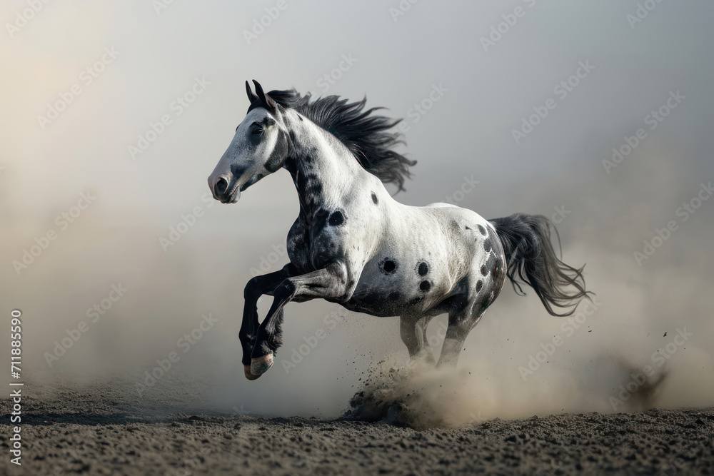 White and black horse run gallop