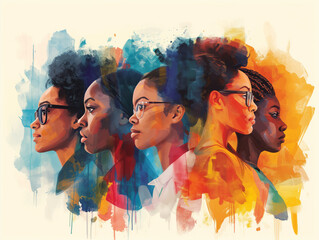 Black History Month colourful abstract illustration of Diverse representations of African-American woman across different fields like science, sports, literature, and business