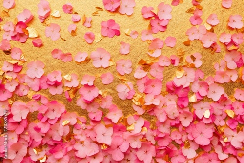 Falling cherry blossom petals on golden washi paper background. Generative AI