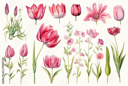 Watercolor depiction of magenta tulips  featuring various elements such as frames  wreaths  and borders. Represents a spring floral ornament. Generative AI