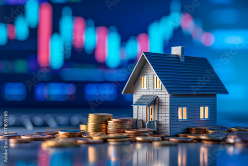 Miniature blue house model amidst coin stacks on a backdrop of stock exchange graph, symbolizing real estate pricing trends and investment strategies photo
