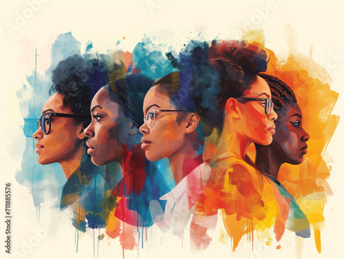 Black History Month colourful abstract illustration of Diverse representations of African-American woman across different fields like science, sports, literature, and business