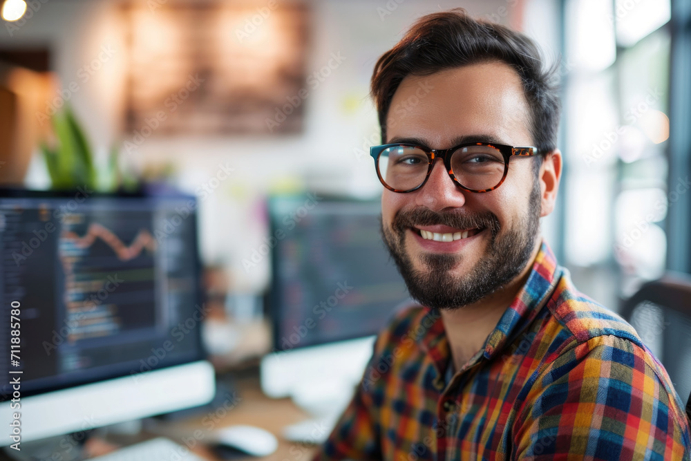 Software Developement Concept: A male software developer in his modern tech office, smiling confidently Software Developement Concept: A male software developer in his modern tech office, smiling confidently
