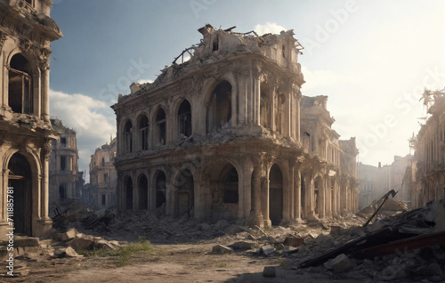 ruins of an old building, Destroyed buildings, affected by war, wisted metal, wood and wires., ruined walls of houses,, bright sunny daylight, rubble filled war zone , destroyed historical place