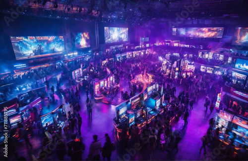 club lights, World region gaming expo, gaming industry event or gaming competition amusement, with many live-action players, neon lights, top view