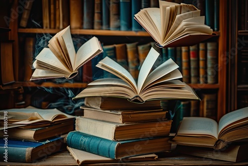 A stack of open books with pages fluttering, conveying the notion of gaining knowledge and inspiration 