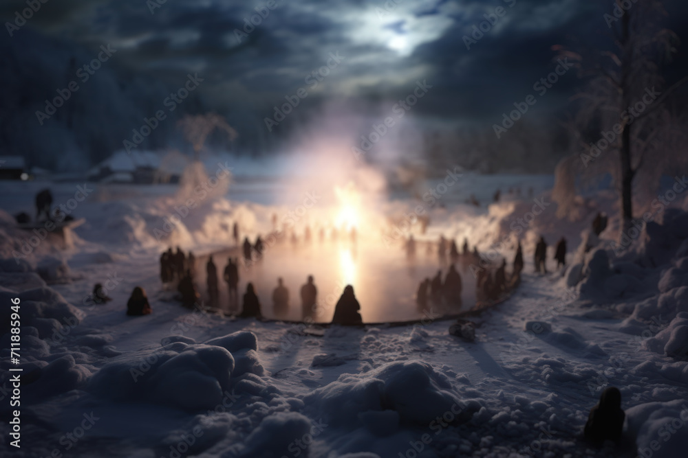 Artistic depiction of winter bathing in an ice-hole during Epiphany, showcasing the shared exhilaration and resilience of individuals across different regions. Generative Ai.