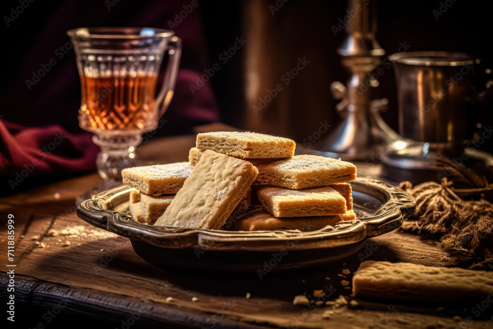 Indulge in the crumbly goodness of Scottish shortbread, elegantly served on a wooden table. This classic treat captures the essence of buttery delight. Indulge in the crumbly goodness of Scottish shortbread, elegantly served on a wooden table. This classic treat captures the essence of buttery delight.