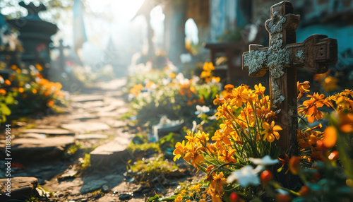 Rustic Easter Cross Standing in old cemetery among flowers and greenery and illuminated by morning sunligh