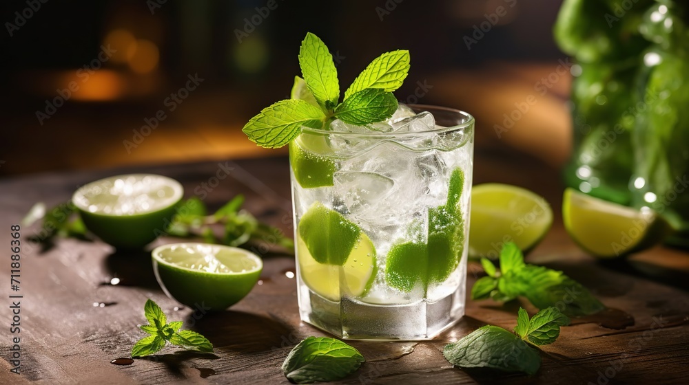 Cold Mojito cocktail with lime and lemon, ice cubes and mint. cool alcoholic drink with lemon and lime in a glass Cold Mojito cocktail with lime and lemon, ice cubes and mint. cool alcoholic drink with lemon and lime in a glass