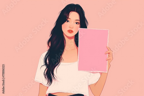 illustration of a woman holding up a pink sheet of paper, f fashion-illustration, white and pink