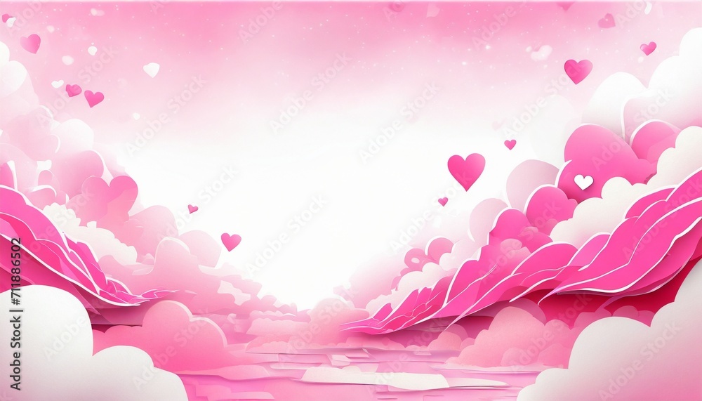 Horizontal banner with pink sky and clouds. header or voucher template with hearts. Rose