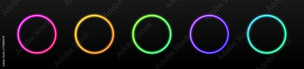 Neon glowing multicolored circles set. Purple round frame for colorful green advertising and yellow banner with bright glowing vector glow effect Neon glowing multicolored circles set. Purple round frame for colorful green advertising and yellow banner with bright glowing vector glow effect