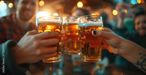 A group of people clink beer glasses and say hello