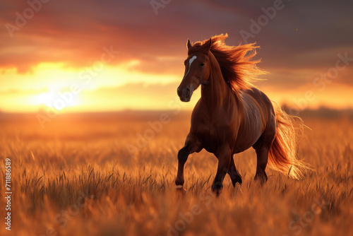 Brown horse running gallop in wheat field, sunset sky, glowing horizon, picture for chinese year of horse © Kateryna