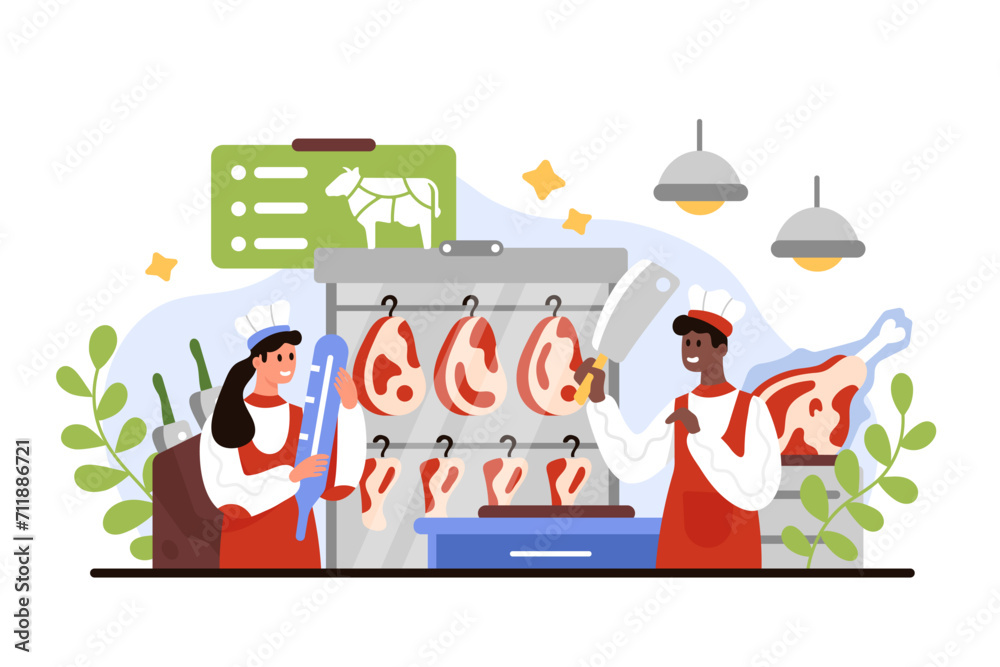 Beef aging process in butchery, steak production and storage. Tiny