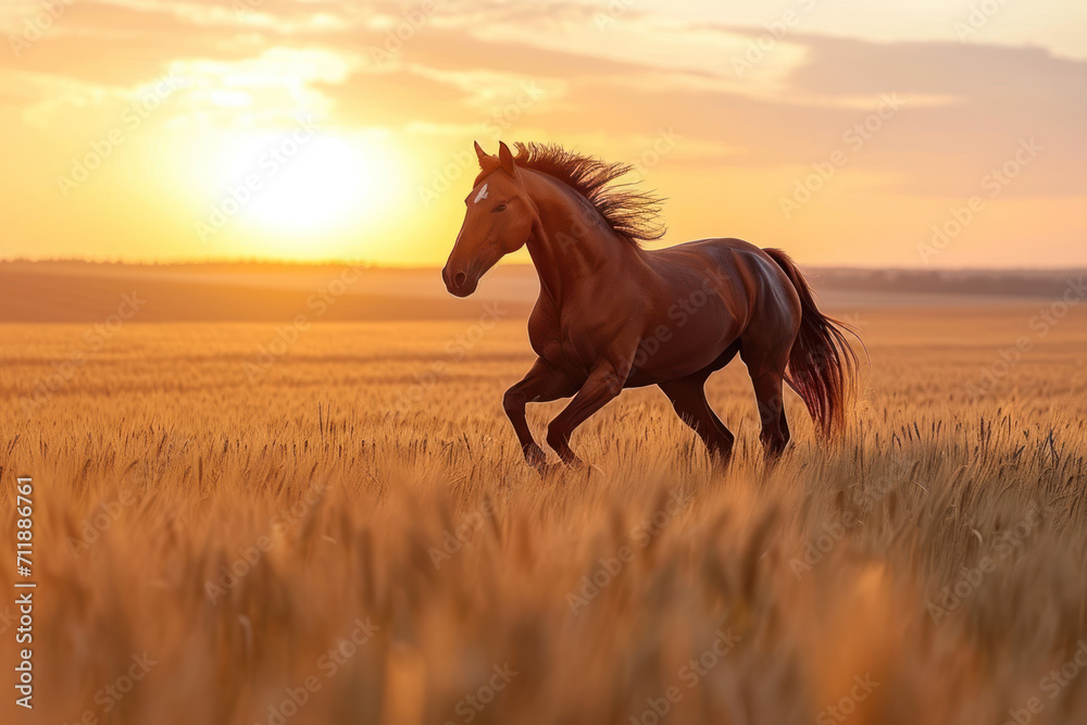 Brown horse running gallop in wheat field, sunset sky, glowing horizon, picture for chinese year of horse Brown horse running gallop in wheat field, sunset sky, glowing horizon, picture for chinese year of horse