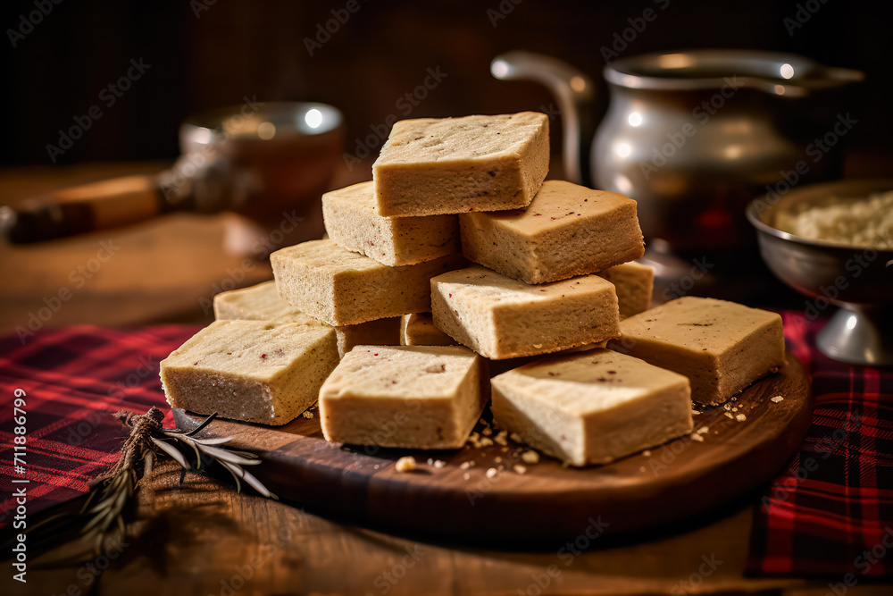 Indulge in the crumbly goodness of Scottish shortbread, elegantly served on a wooden table. This classic treat captures the essence of buttery delight.