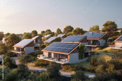 Modern house facade with large solar pannels on roof , generative ai © Hammad