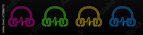 Dj headphones neon vector icon. Audio sound glowing laser lamp symbol