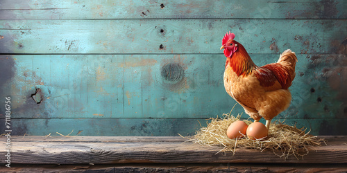 Large golden hen and two eggs in a piece of straw on wooden spectacular backdrop with weathered material, farming and poultry concept photo