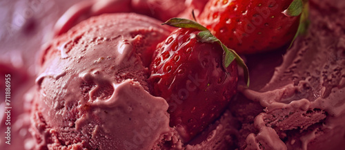Scoops of melting strawberry ice cream paired with ripe berries evoke a sweet  indulgent summer treat
