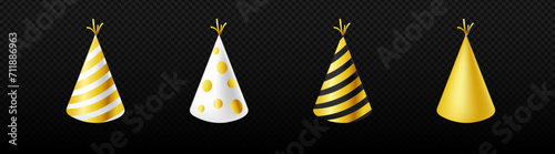 Festive party hats set. Cones with gold stripes and circles for joyful birthday and holiday from bright carnival vector paper