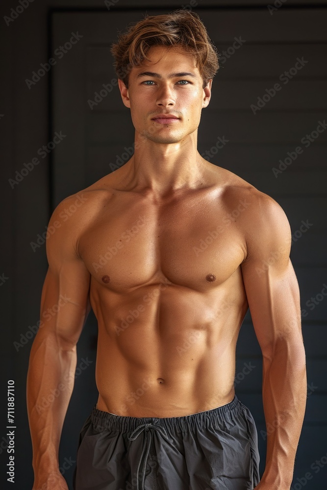 Brutal man with pumped up muscles, vertical portrait. Background with selective focus and copy space