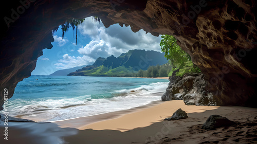 Tunnels Beach, Kauai, Hawaii - Surrounded by lush greenery and iconic lava rock formations, Tunnels Beach is a North Shore gem with golden sand and excellent snorkeling opportunities photo
