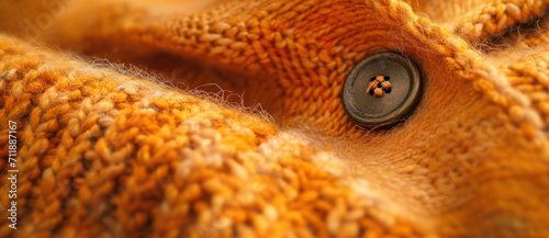 Close-up of a mustard yellow knitted sweater  its texture and button detail conveying warmth and coziness