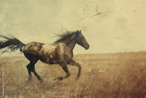 Running horse, old scratched and damaged grungy film