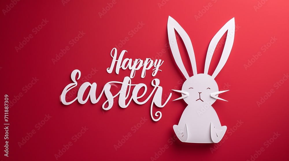 Obraz premium Happy Easter greeting card with white paper bunny and lettering on red background