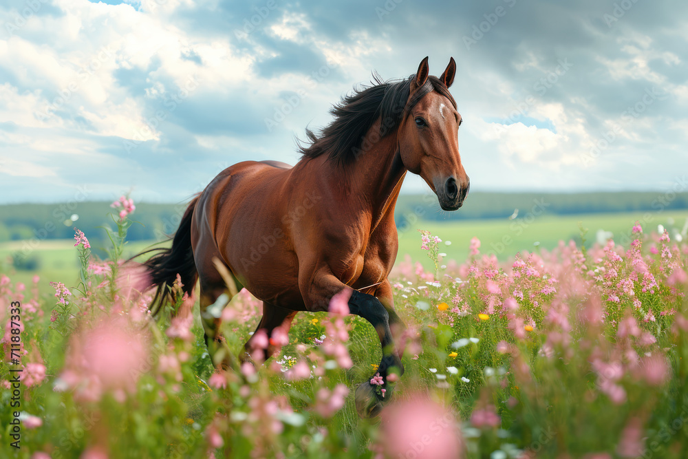 Peaceful background - brown horse running on green grass meadow with pink flowers Peaceful background - brown horse running on green grass meadow with pink flowers