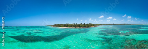 Wild tropical beach with coconut palm trees and turquoise caribbean sea. travel destination. Aerial view. Long banner