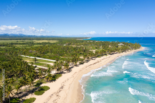 Wild tropical beach with palm trees and turquoise caribbean sea. Beautiful beachfront. Aerial view © photopixel