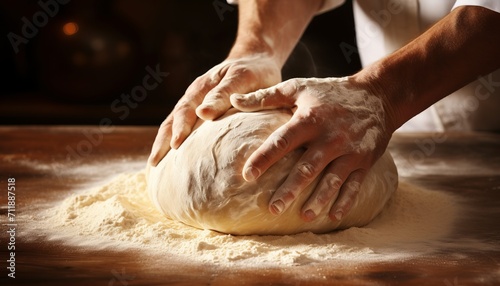 Experienced baker s hands skillfully kneading dough for authentic artisan bread making