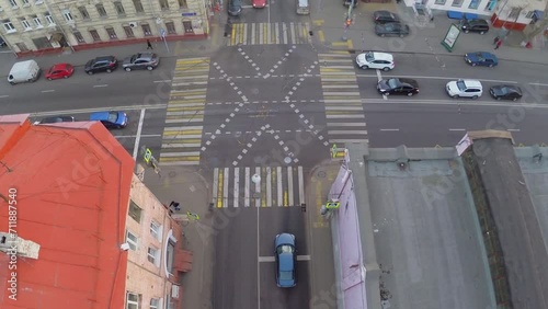 Crossroad with several cars at autumn day. Aerial view photo