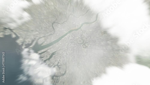Earth zoom in from space to Osaka, Japan. Followed by zoom out through clouds and atmosphere into space. Satellite view. Travel intro. Images from NASA