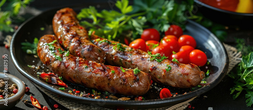 Succulent grilled sausages sizzle on a pan, accompanied by cherry tomatoes and fresh herbs, ready to feast on