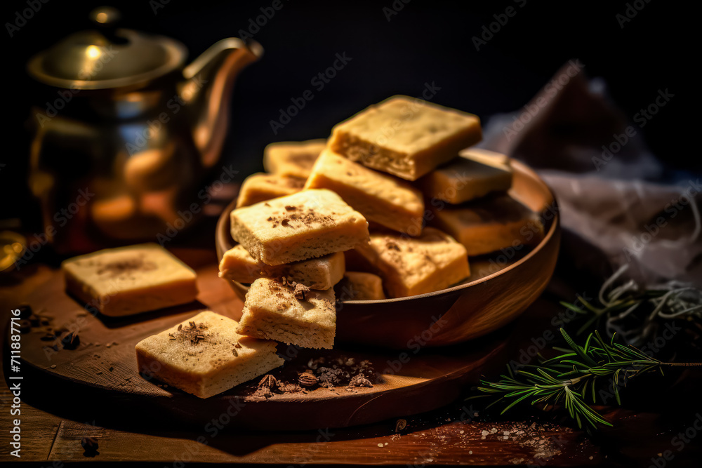 Indulge in the crumbly goodness of Scottish shortbread, elegantly served on a wooden table. This classic treat captures the essence of buttery delight.