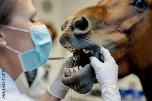 Obraz na płótnie Horse being examined and having his teeth cleaned and floated by veterinary dentist w salonie