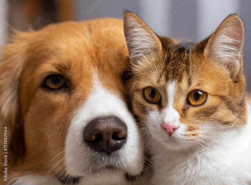 Cute cat and dog at home, adorable face closeup Cute cat and dog at home, adorable face closeup
