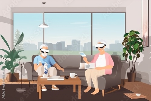 An elderly couple wearing augmented reality glasses sit on a couch in their living room and interact with a virtual interface
