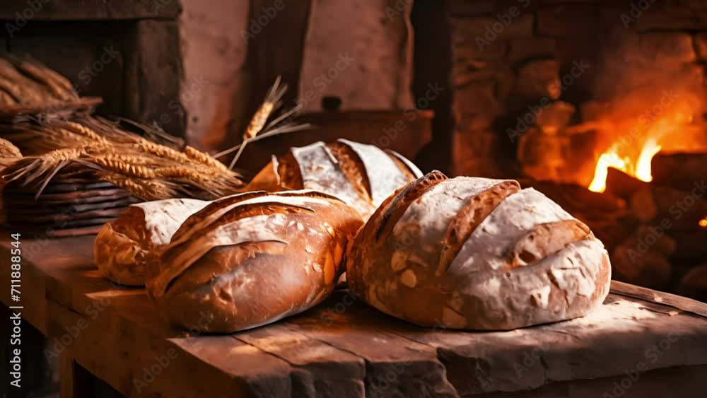 Freshly baked bread loaves on a wooden table in front of a warm flaming hearth