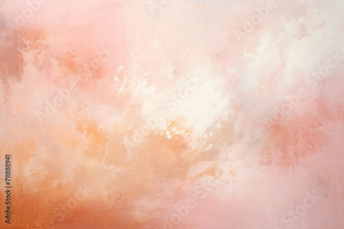 Abstract background with textured gradient soft pastel pink and peach fuzz with distressed paint splatters and strokes on canvas