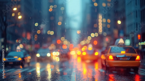 Defocused background with bokeh of New York street, dusk, evening street with taxis, cars and lit lights