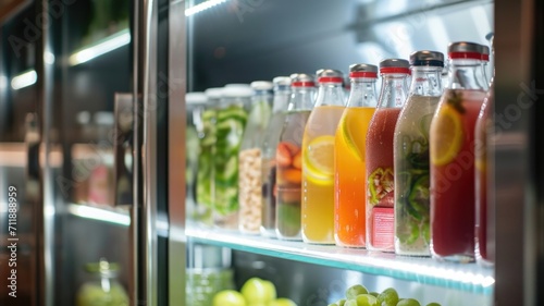 cold non-alcoholic drinks are poured into bottles standing in a row in the refrigerator of the bar. Break from drinking alcohol