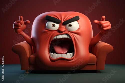 Illustration of screaming and indignant cushion on armchair, red pillow shows its resentment with gestures and emotions as cartoon character, angry expression on its face