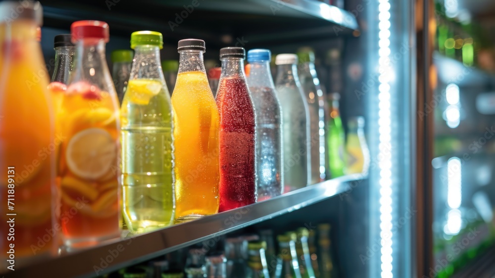 cold nonalcoholic drinks are poured into bottles standing in a row in